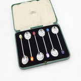 Boxed Sterling Silver Colourful Bakelite Teaspoon Set Antique 1935 Sheffield