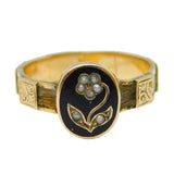 Victorian 9ct Gold, Woven Hair, Black Enamel & Pearl Mourning Ring Antique c1860