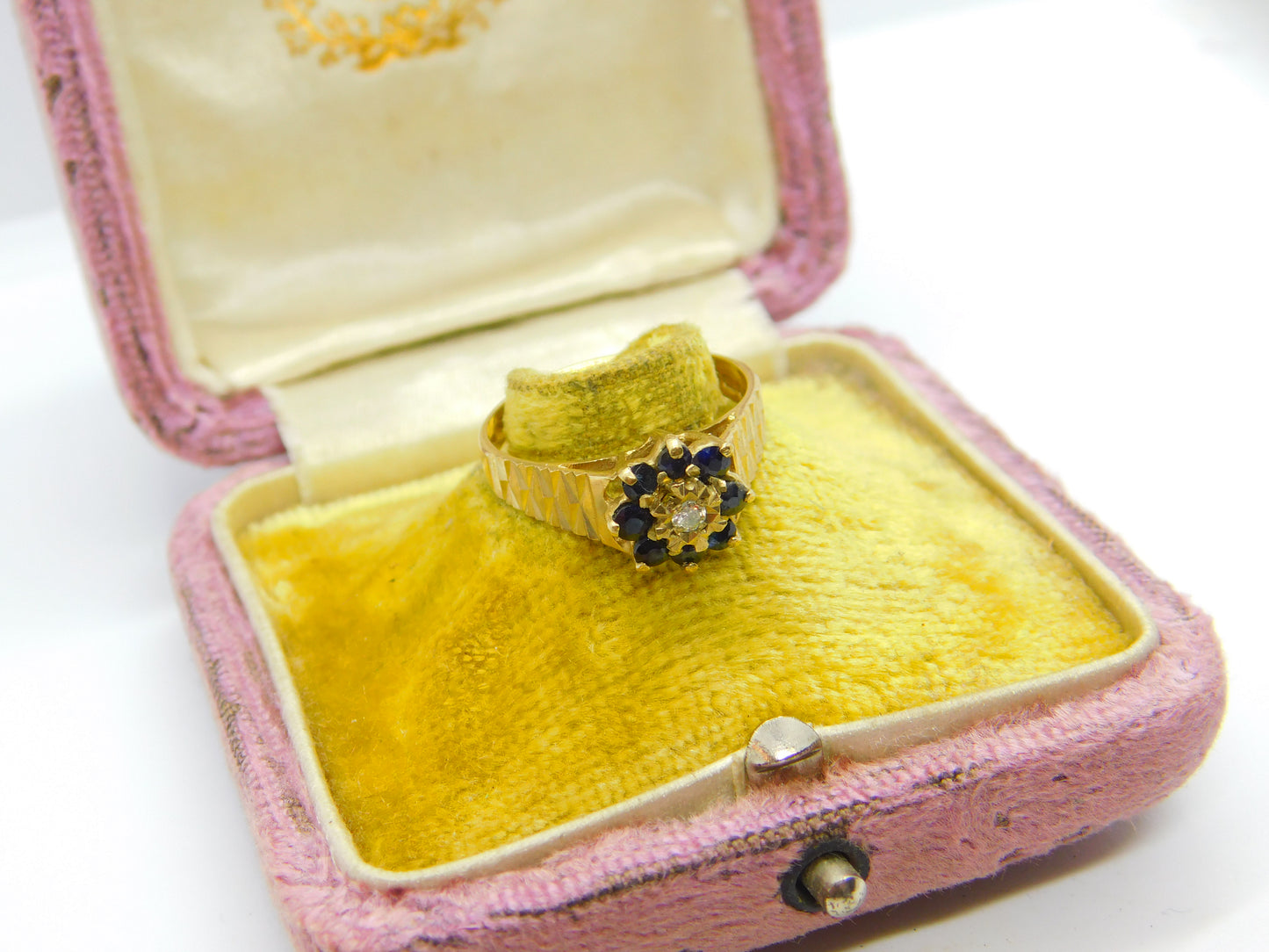 9ct Yellow Gold, Sapphire & Diamond Floral Cluster Ring Vintage 1978 London