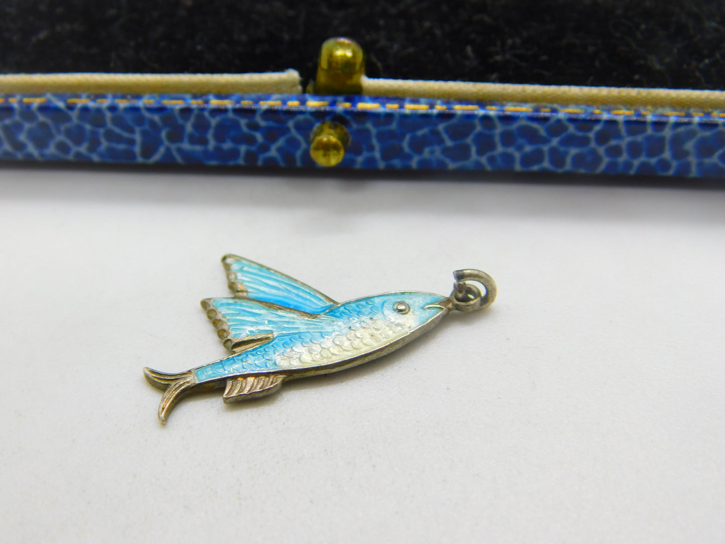 TLM Sterling Silver & Blue Enamel Flying Fish Charm Antique c1920 Art Deco