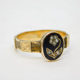Victorian 9ct Gold, Woven Hair, Black Enamel & Pearl Mourning Ring Antique c1860