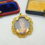 18ct Yellow Gold & Enamel Victorian Revival Portrait Miniature Pendant c1950