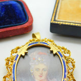 18ct Yellow Gold & Enamel Victorian Revival Portrait Miniature Pendant c1950
