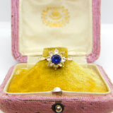 9ct Yellow Gold, Blue & White Paste Stone Set Floral Cluster Ring 1969 Vintage