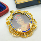 18ct Yellow Gold & Enamel Victorian Revival Portrait Miniature Pendant c1950