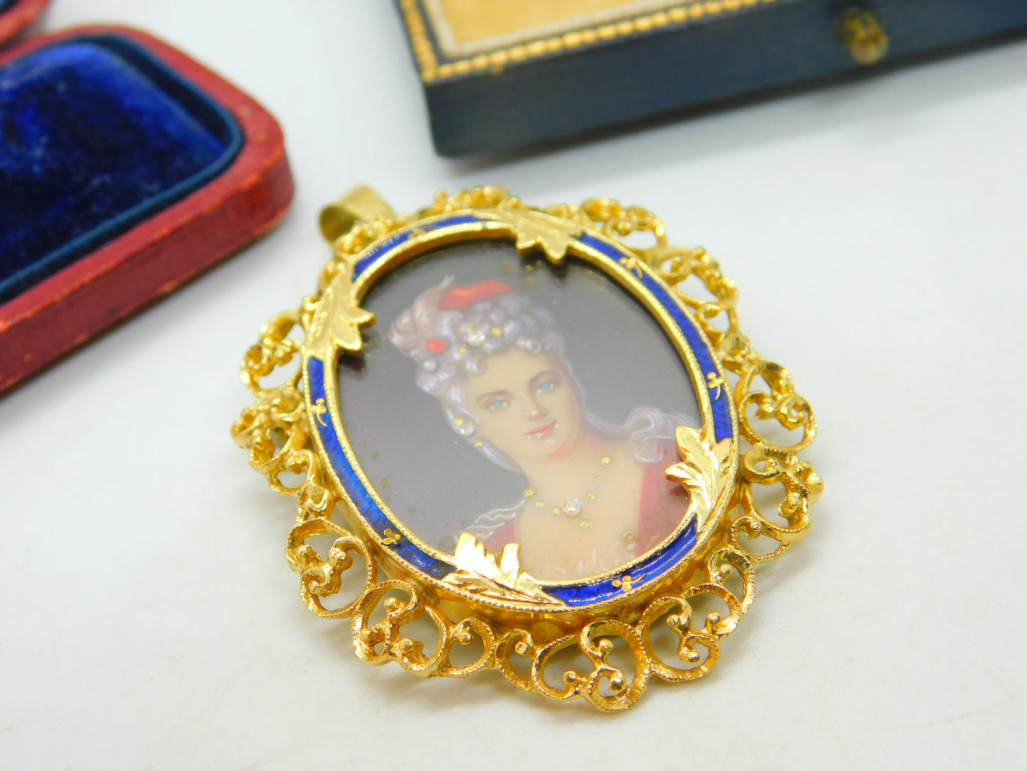 18ct Yellow Gold & Enamel Victorian Revival Portrait Miniature Pendant c1950