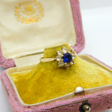 9ct Yellow Gold, Blue & White Paste Stone Set Floral Cluster Ring 1969 Vintage