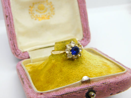 9ct Yellow Gold, Blue & White Paste Stone Set Floral Cluster Ring 1969 Vintage