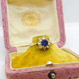 9ct Yellow Gold, Blue & White Paste Stone Set Floral Cluster Ring 1969 Vintage