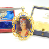 18ct Yellow Gold & Enamel Victorian Revival Portrait Miniature Pendant c1950