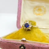 9ct Yellow Gold, Blue & White Paste Stone Set Floral Cluster Ring 1969 Vintage