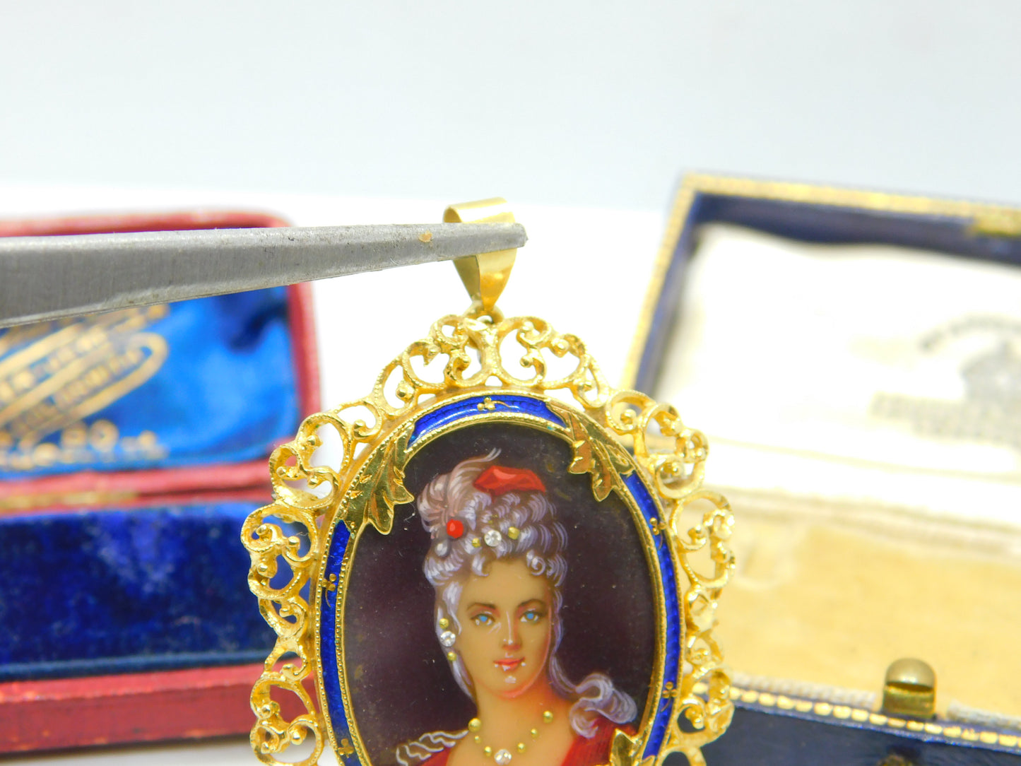 18ct Yellow Gold & Enamel Victorian Revival Portrait Miniature Pendant c1950