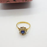 9ct Yellow Gold, Blue & White Paste Stone Set Floral Cluster Ring 1969 Vintage