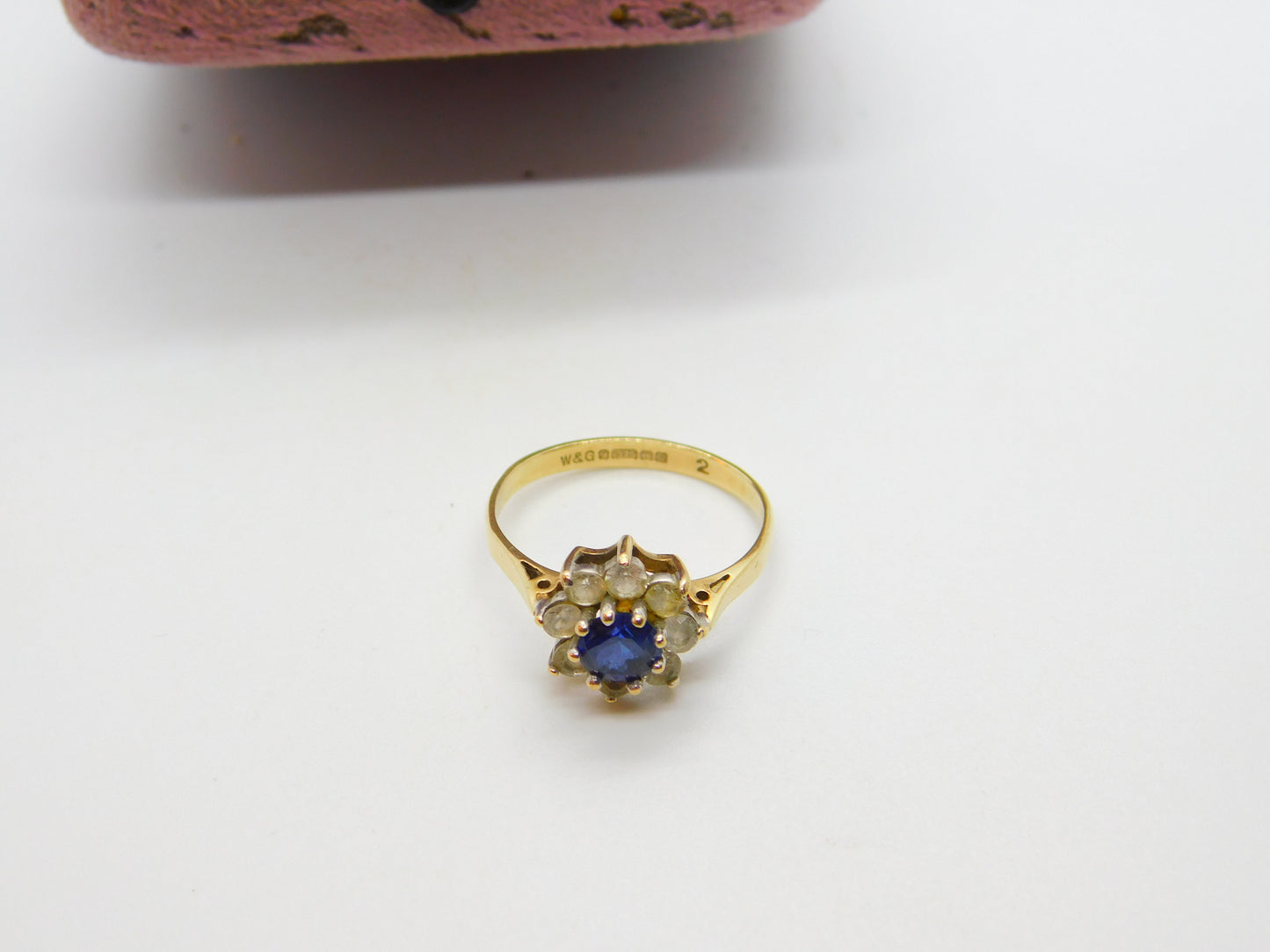 9ct Yellow Gold, Blue & White Paste Stone Set Floral Cluster Ring 1969 Vintage