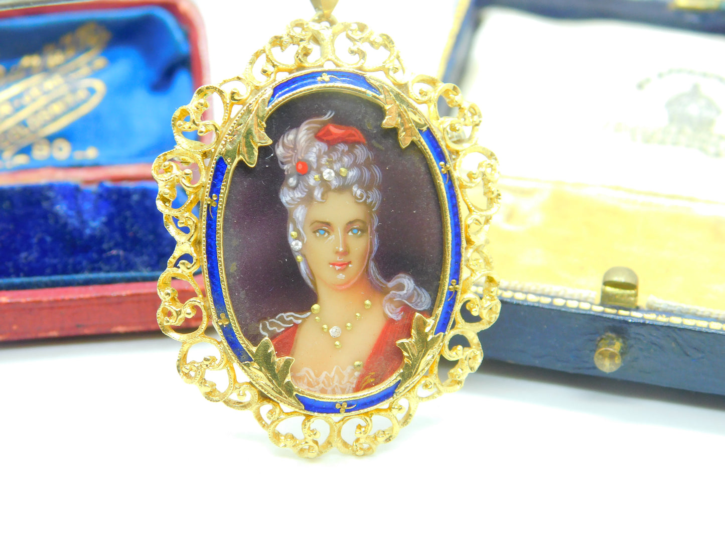 18ct Yellow Gold & Enamel Victorian Revival Portrait Miniature Pendant c1950