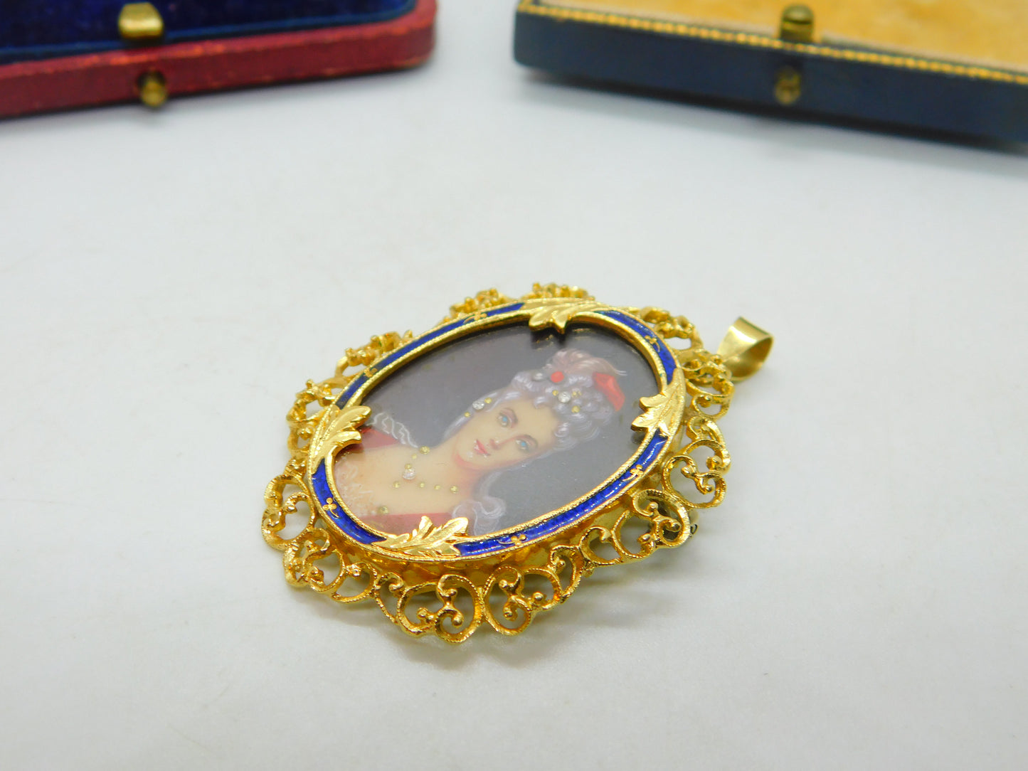 18ct Yellow Gold & Enamel Victorian Revival Portrait Miniature Pendant c1950