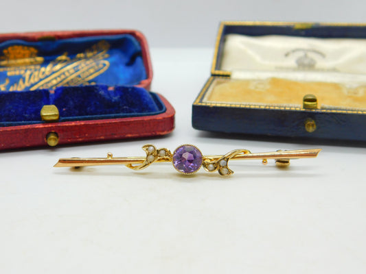 9ct Yellow Gold, Amethyst & Seed Pearl Sweetheart Brooch Antique c1910