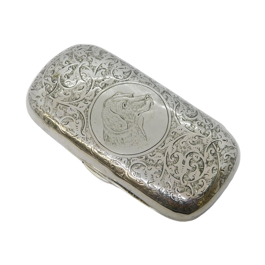 Victorian Sterling Silver Floral Labrador Dog Cigarette Case Antique c1890