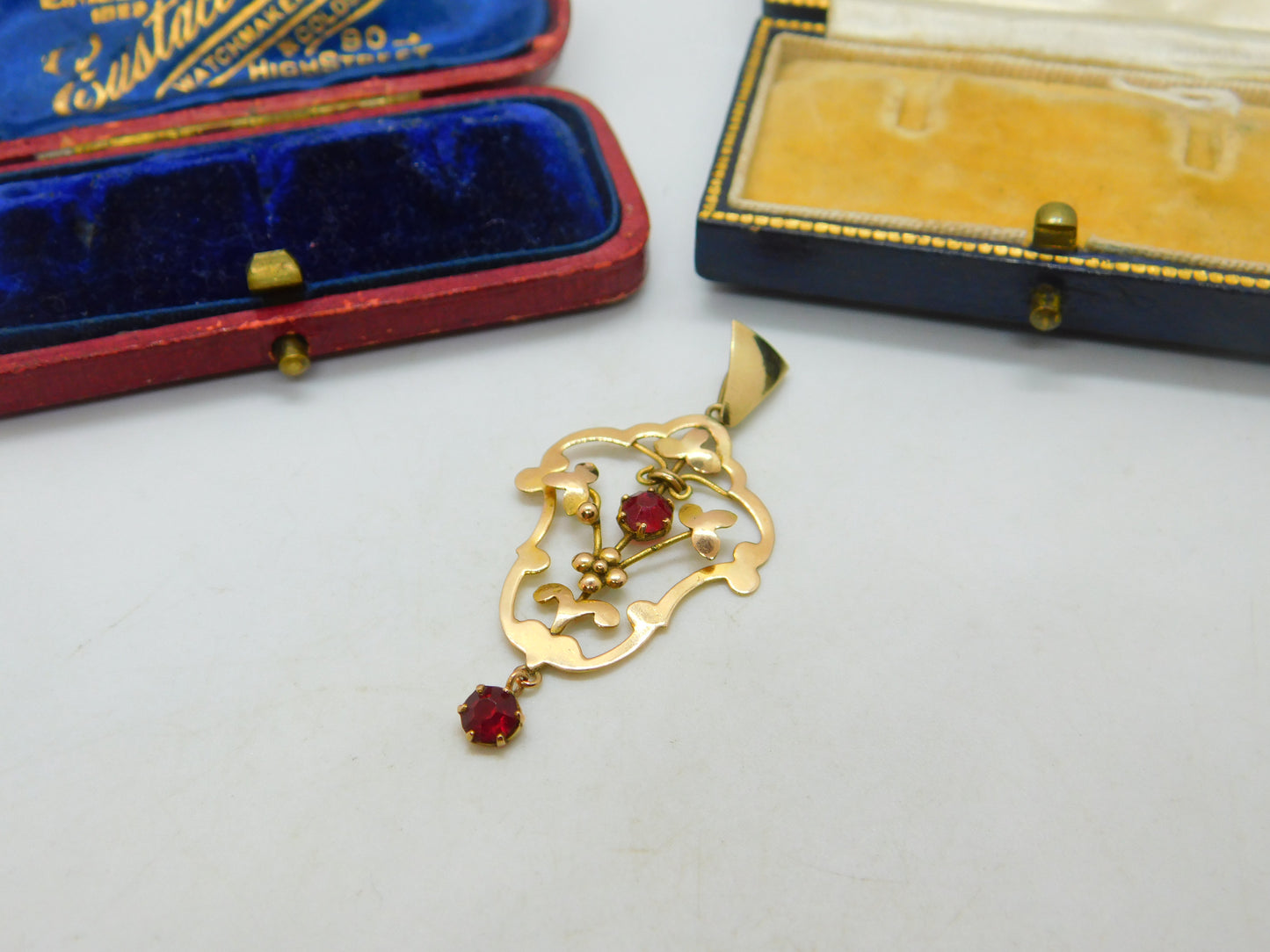 Edwardian 9ct Gold Garnet Set Floral Lavalier Form Drop Pendant Antique c1910