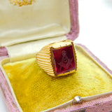 Victorian 18ct Gold Signet Ring with Carved Ruby Masonic Intaglio Crest c1860