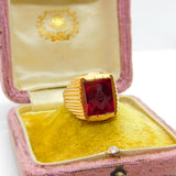 Victorian 18ct Gold Signet Ring with Carved Ruby Masonic Intaglio Crest c1860
