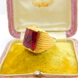 Victorian 18ct Gold Signet Ring with Carved Ruby Masonic Intaglio Crest c1860