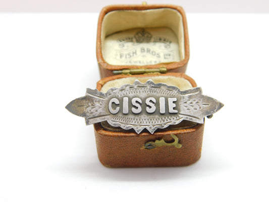 Victorian Sterling Silver 'Cissie' Name Christening Brooch 1892 Antique