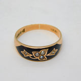 Edwardian 9ct Gold, Black Enamel & Seed Pearl Mourning Ring Antique 1904 Chester