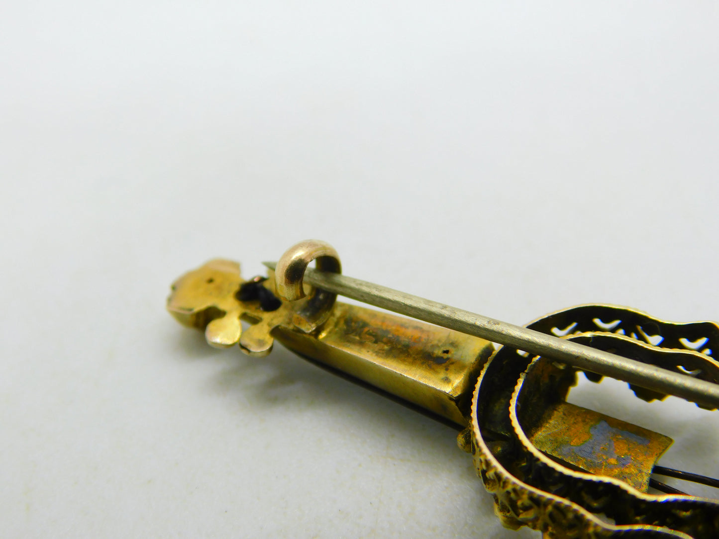 19th Century Continental 9ct Gold & Paste Set Violin Brooch Antique c1880