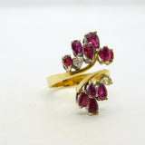 18ct Yellow Gold, Ruby & Diamond Floral Crossover Ring Vintage c1970