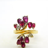 18ct Yellow Gold, Ruby & Diamond Floral Crossover Ring Vintage c1970