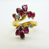 18ct Yellow Gold, Ruby & Diamond Floral Crossover Ring Vintage c1970
