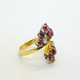 18ct Yellow Gold, Ruby & Diamond Floral Crossover Ring Vintage c1970