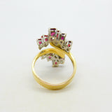 18ct Yellow Gold, Ruby & Diamond Floral Crossover Ring Vintage c1970