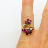 18ct Yellow Gold, Ruby & Diamond Floral Crossover Ring Vintage c1970