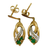 9ct Yellow Gold, Emerald & Diamond Drop Earrings Vintage c1970