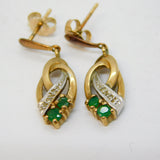9ct Yellow Gold, Emerald & Diamond Drop Earrings Vintage c1970