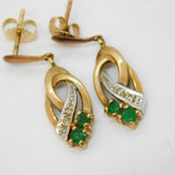 9ct Yellow Gold, Emerald & Diamond Drop Earrings Vintage c1970