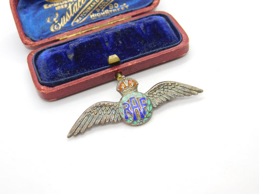 WWII Sterling Silver & Enamel RAF Wings Sweetheart Brooch Antique c1940