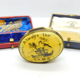 Georgian Yellow Bilston Enamel Patch Box 'Always The Same' Antique c1800