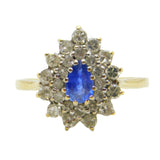 9ct Yellow Gold, 0.3ct Sapphire & Diamond Pear Shaped Cluster Ring Vintage 1991