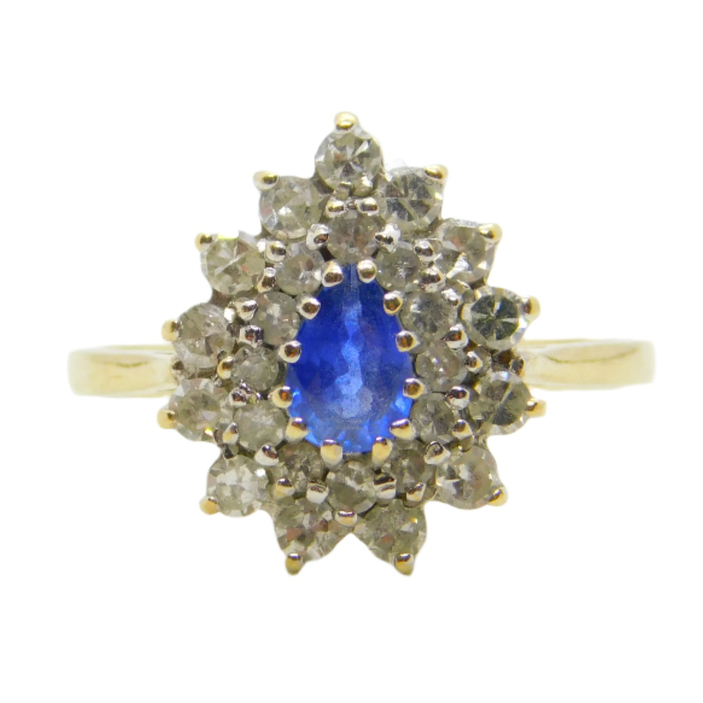 9ct Yellow Gold, 0.3ct Sapphire & Diamond Pear Shaped Cluster Ring Vintage 1991