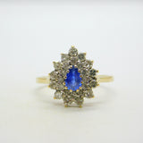 9ct Yellow Gold, 0.3ct Sapphire & Diamond Pear Shaped Cluster Ring Vintage 1991