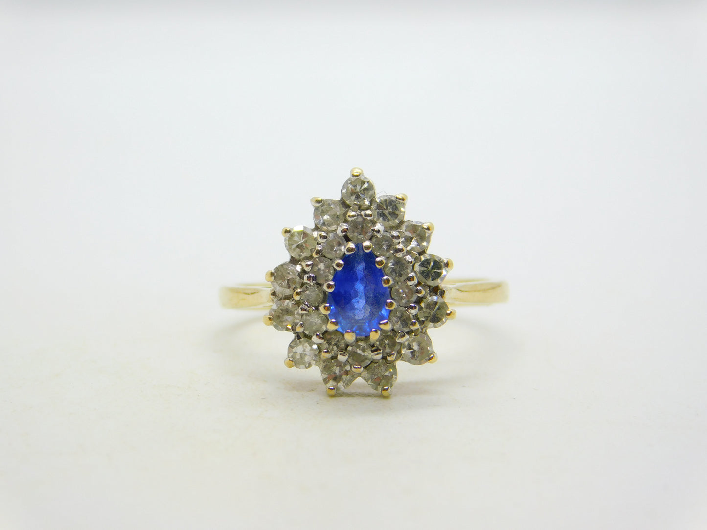 9ct Yellow Gold, 0.3ct Sapphire & Diamond Pear Shaped Cluster Ring Vintage 1991