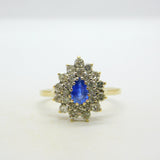 9ct Yellow Gold, 0.3ct Sapphire & Diamond Pear Shaped Cluster Ring Vintage 1991