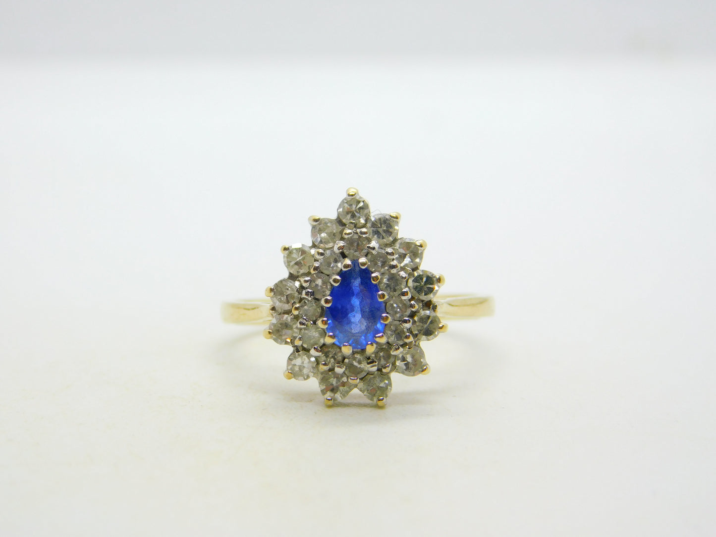 9ct Yellow Gold, 0.3ct Sapphire & Diamond Pear Shaped Cluster Ring Vintage 1991