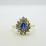 9ct Yellow Gold, 0.3ct Sapphire & Diamond Pear Shaped Cluster Ring Vintage 1991