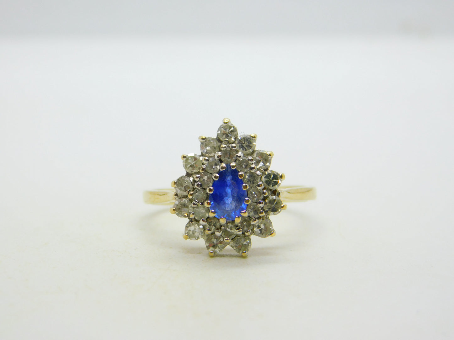 9ct Yellow Gold, 0.3ct Sapphire & Diamond Pear Shaped Cluster Ring Vintage 1991