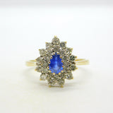 9ct Yellow Gold, 0.3ct Sapphire & Diamond Pear Shaped Cluster Ring Vintage 1991