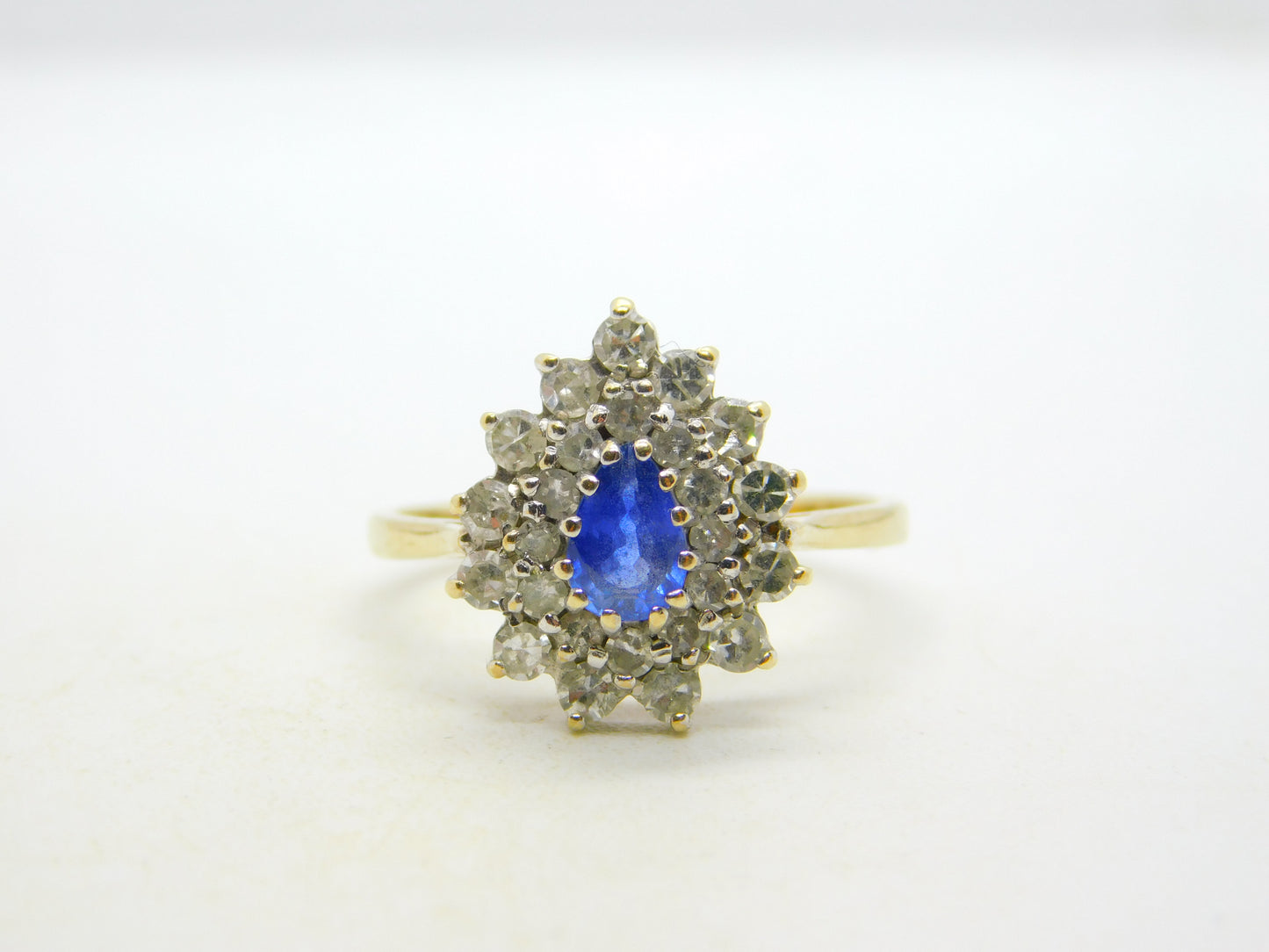 9ct Yellow Gold, 0.3ct Sapphire & Diamond Pear Shaped Cluster Ring Vintage 1991